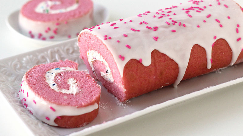 Pink Velvet Roll Cake with Rainbow Chip Frosting
