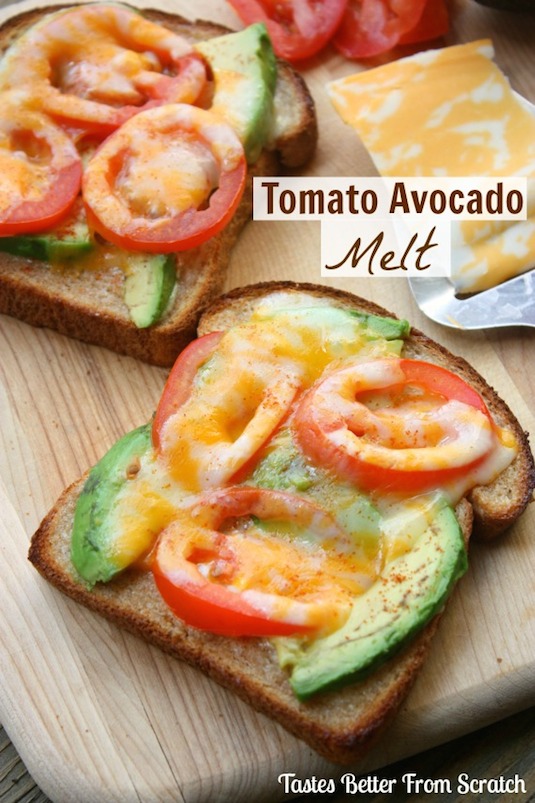 Tomato Avocado Melt (easy and yummy!) -- Quick, fast and easy breakfast recipe ideas for a crowd (brunches and potlucks)! Some of these are make ahead, some are healthy, and some are simply amazing! Everything from eggs to crockpot casseroles! Your mornings just got a little better. Listotic.com