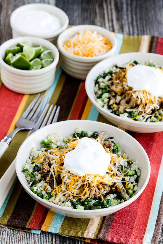 Instant Pot (or Slow Cooker) Low-Carb Green Chile Pork Taco Bowl found on KalynsKitchen.com.