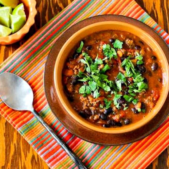 Crockpot (or Stovetop) Black Bean Chili with Lime and Cilantro found on KalynsKitchen.com