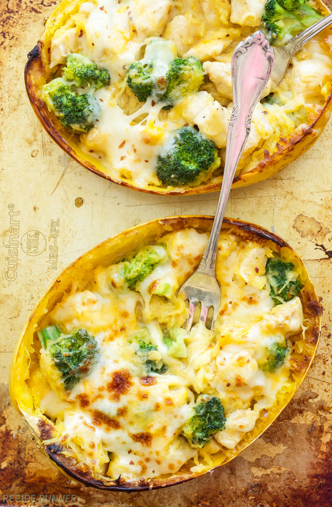 Cheesy Chicken and Broccoli Stuffed Spaghetti Squash | Spaghetti squash stuffed with a creamy, cheesy, chicken and broccoli filling and topped with more cheese! A great gluten free, low carb comfort food dinner!