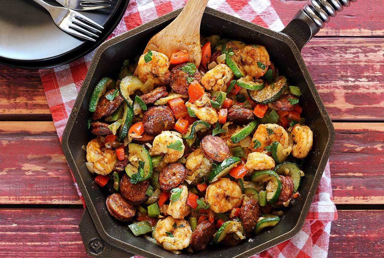 easy and quick paleo recipe for one-skillet shrimp and sausage