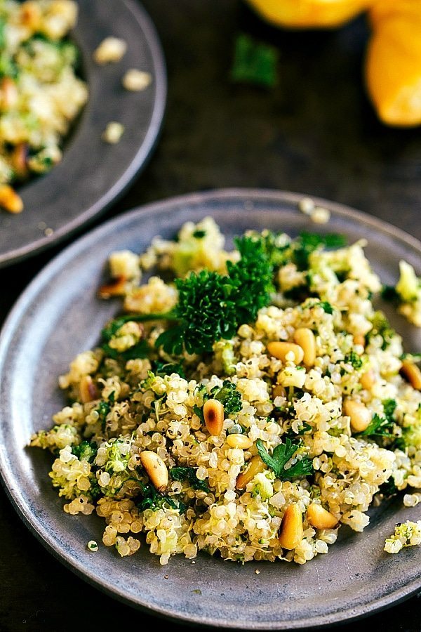 A delicious and easy one-dish broccoli quinoa with toasted pine nuts. This makes a perfect side dish or a great main course with some added protein.