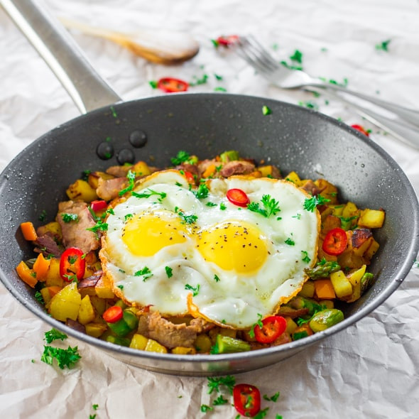 Asparagus Potato Hash with Steak and Eggs