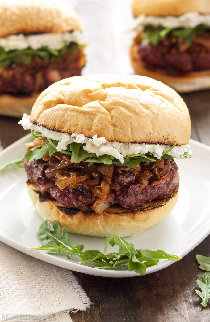 Bacon Burgers with Bourbon Caramelized Onions and Goat Cheese 1