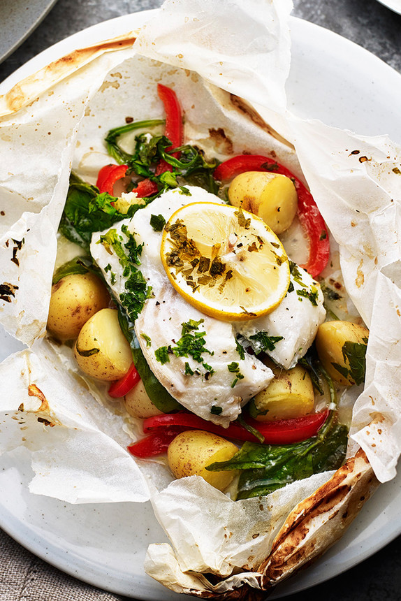 Baked New Potatoes and Cod en Papillote