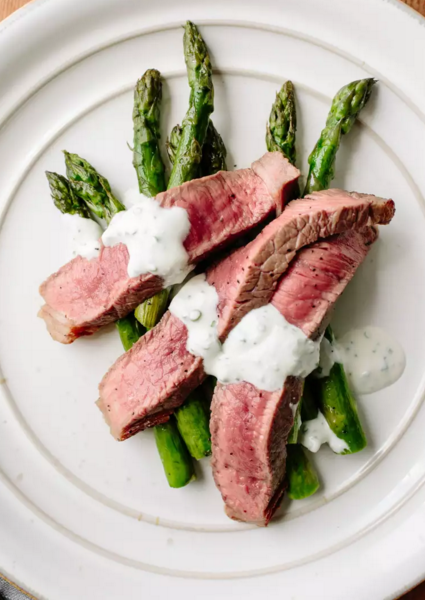 Broiled Steak & Asparagus with Feta Cream Sauce