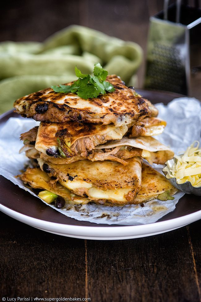 Cheesy Pulled Pork, Black Bean and Avocado Quesadillas