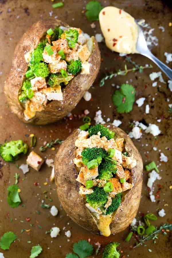 Chicken Broccoli Stuffed Baked Potato with Cheese Sauce