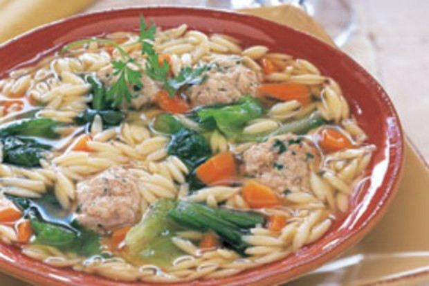 Escarole and Orzo Soup with Turkey Parmesan Meatballs