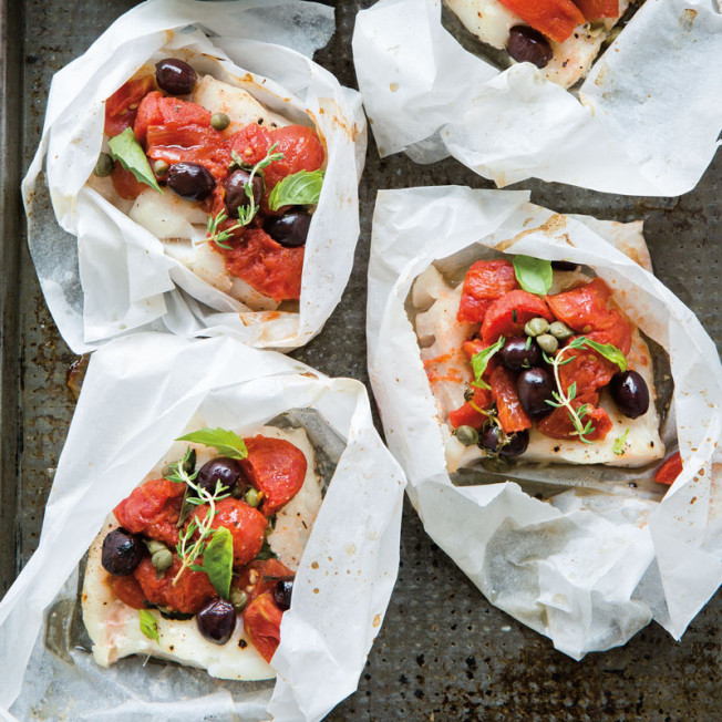 Fish Puttanesca en Papillote with Zucchini