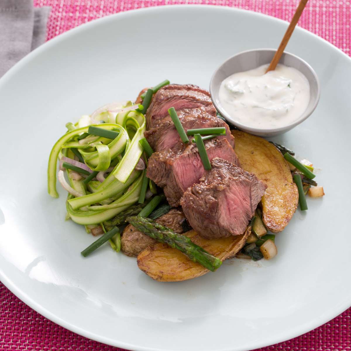 Flat Iron Steaks with Ramps, Fingerling Potatoes & Shaved Asparagus Salad