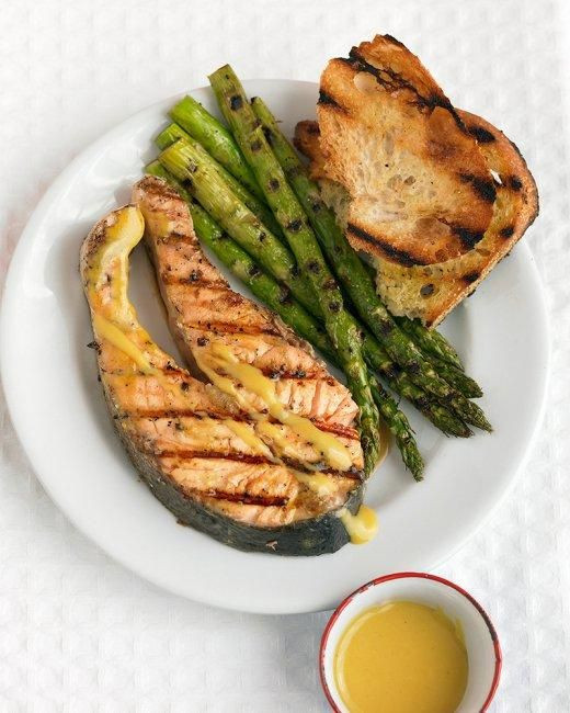 Grilled Salmon Steaks with Mustard Sauce and Asparagus