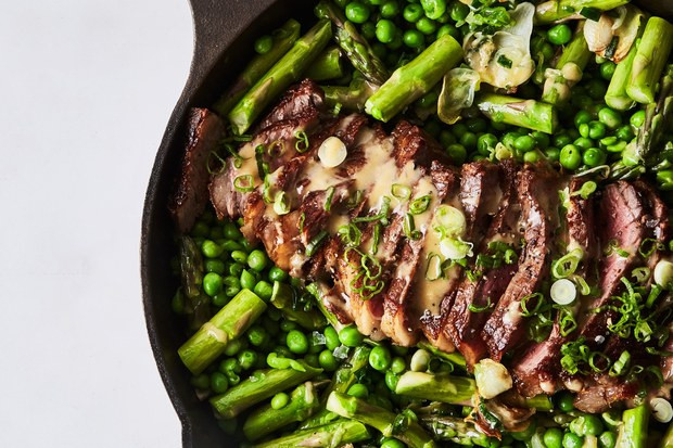One-Skillet Steak and Spring Veg with Spicy Mustard