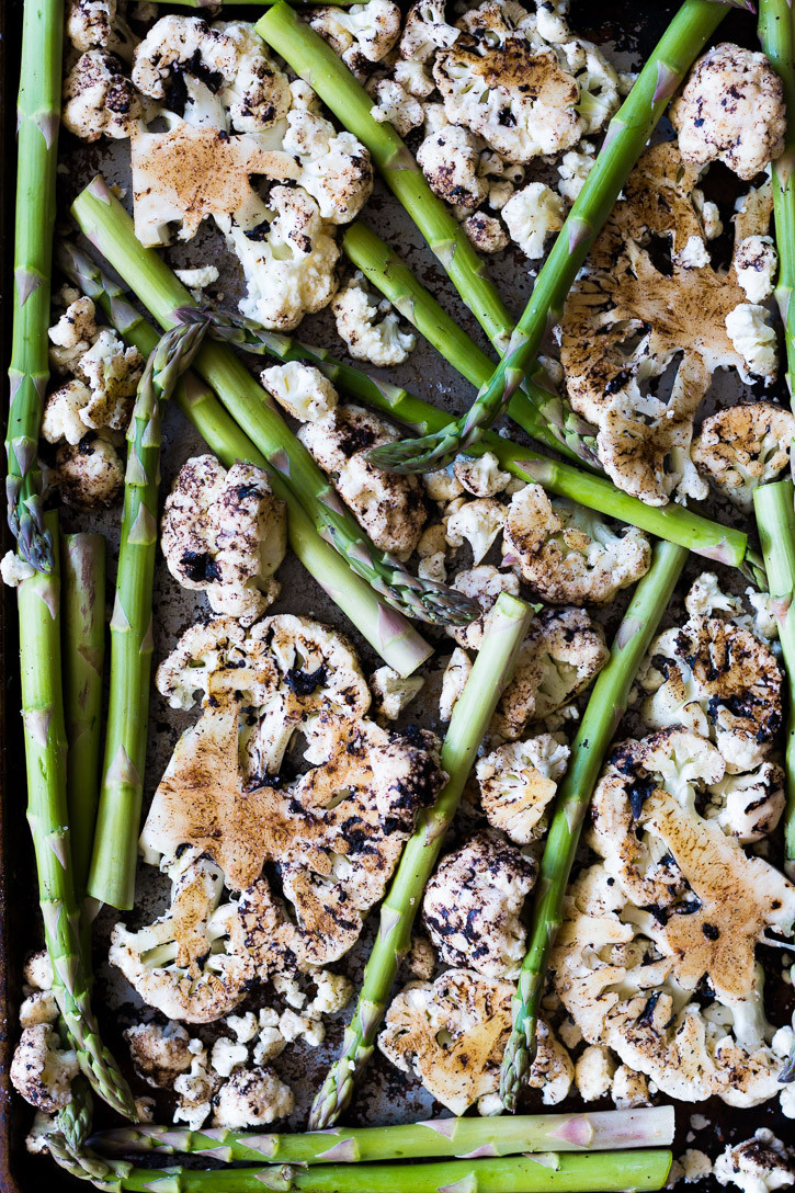 Oven Roasted Cauliflower Steaks with Black Garlic and Asparagus