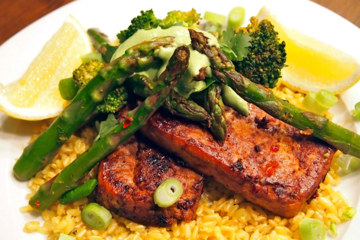 Pan-Fried Tofu Steaks With Coriander Cream and Asparagus