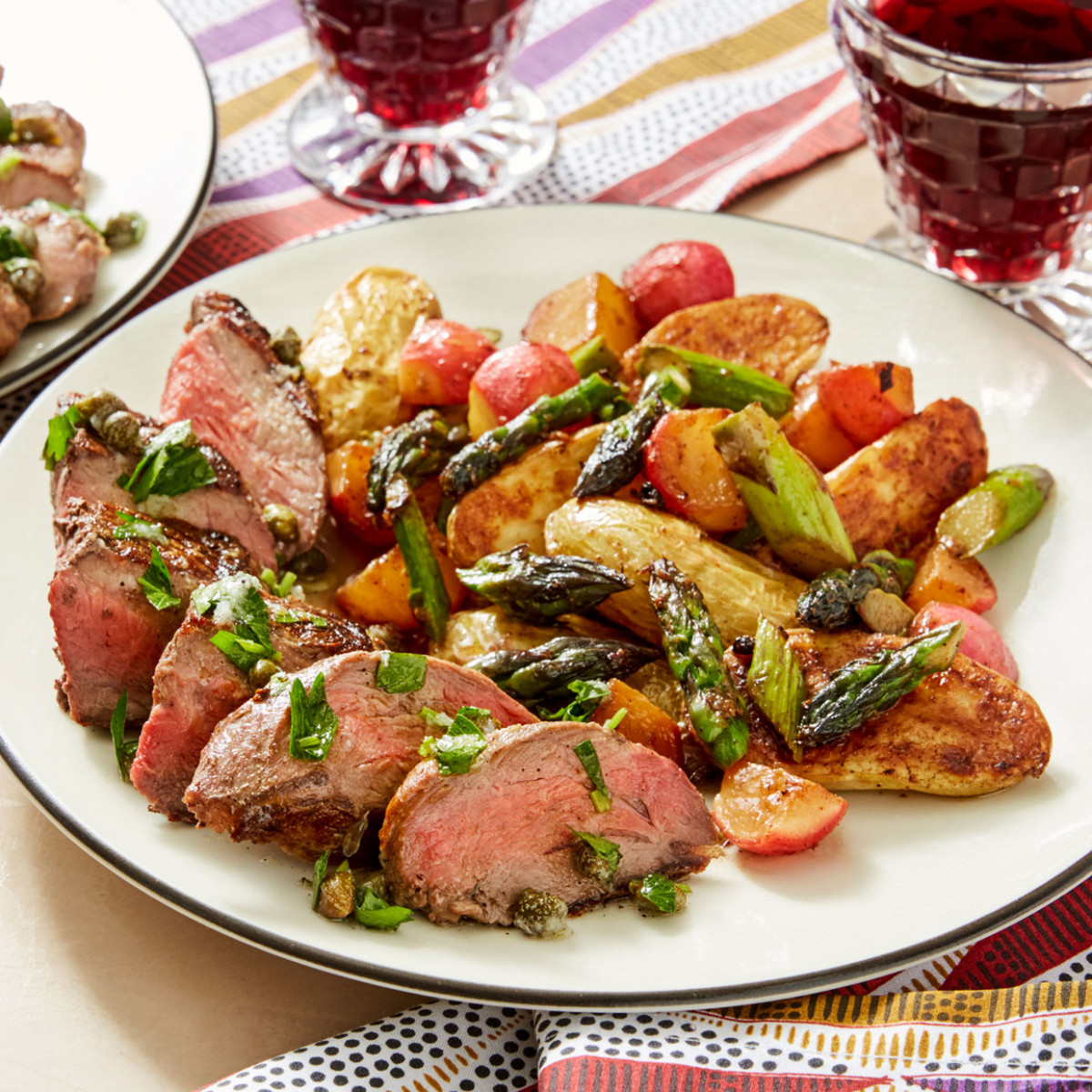 Seared Steaks & Salsa Verde with Fingerling Potatoes, Asparagus and Radishes