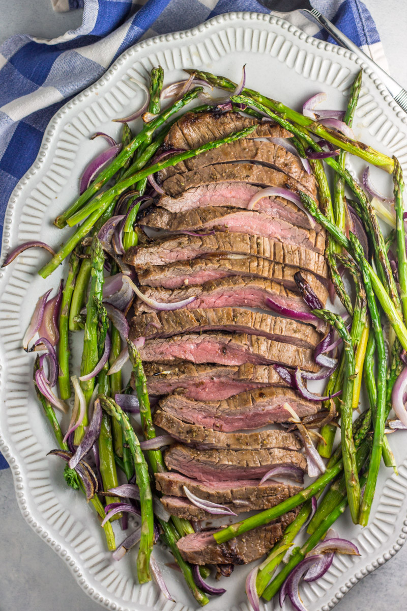 Sheet Pan Flank Steak with Onions and Asparagus