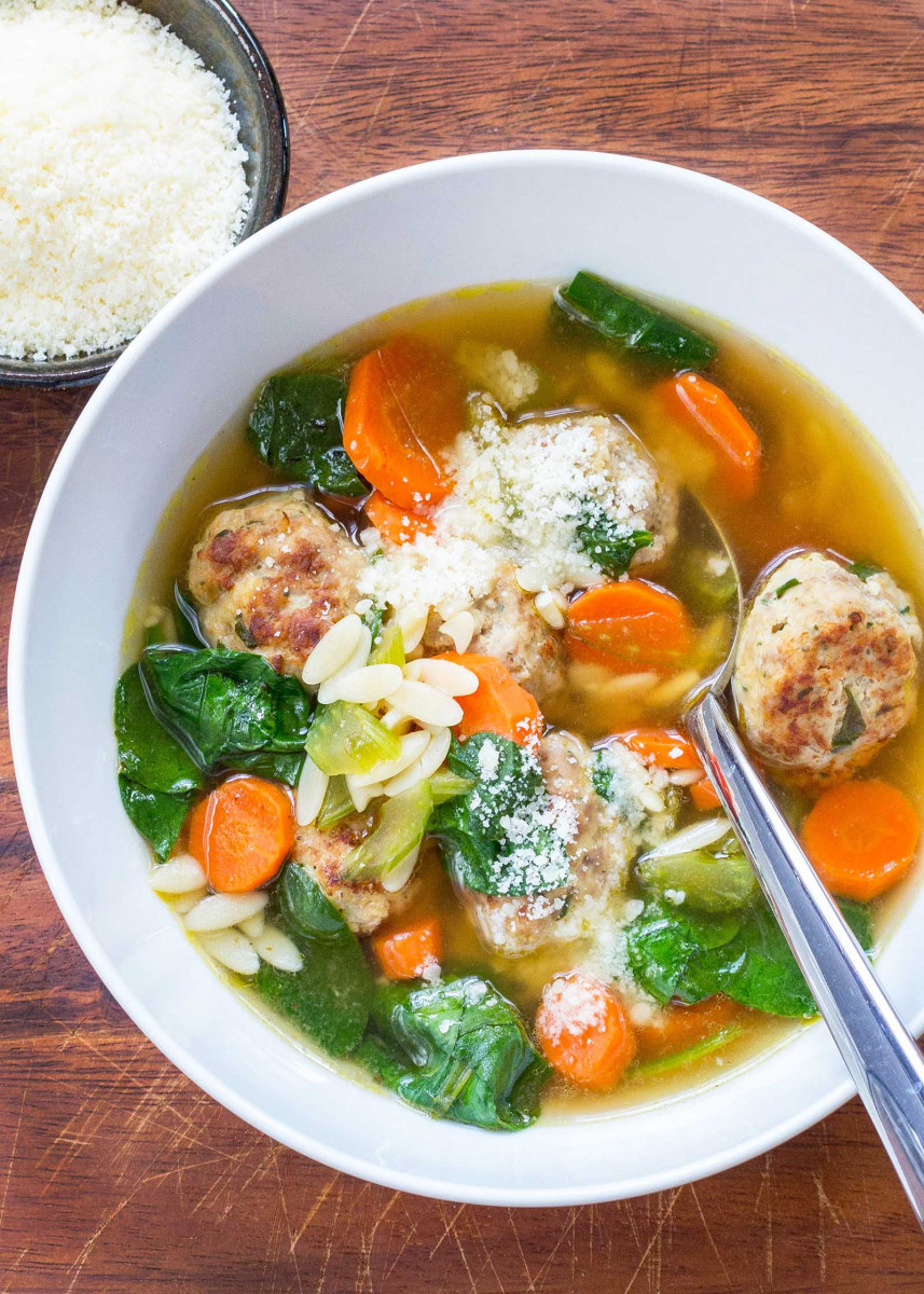 Turkey Meatball Soup with Spinach and Orzo