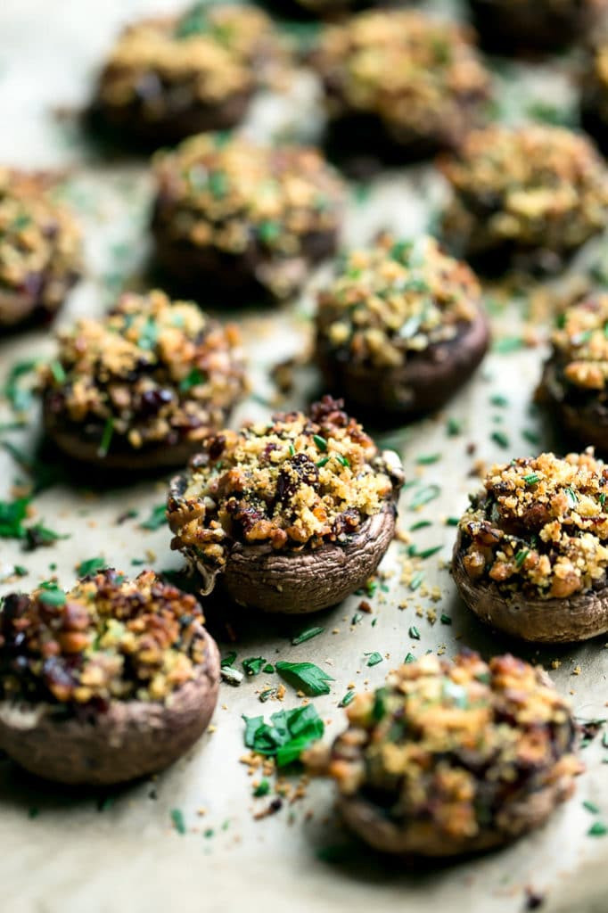 Vegan Walnut, Sage + Cranberry Stuffed Holiday Mushrooms