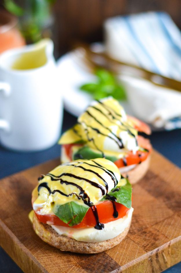 Eggs Benedict Recipes - Caprese Eggs Benedict - Best Benedicts and Recipe Ideas for Breakfast, Brunch and Lunch - Easy and Quick Eggs Benedict, Classic, Salmon, Vegetarian and Healthy Variations - How to Make Hollandaise Sauce - Pioneer Woman Favorites - Eggs Benedict Casserole for A Crowd http://diyjoy.com/eggs-benedict-recipes