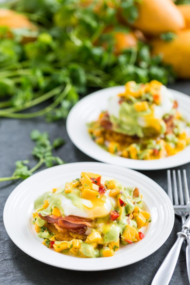 Eggs Benedict Recipes - Tostones Eggs Benedict with Mango Salsa and Avocado Hollandaise - Best Benedicts and Recipe Ideas for Breakfast, Brunch and Lunch - Easy and Quick Eggs Benedict, Classic, Salmon, Vegetarian and Healthy Variations - How to Make Hollandaise Sauce - Pioneer Woman Favorites - Eggs Benedict Casserole for A Crowd http://diyjoy.com/eggs-benedict-recipes