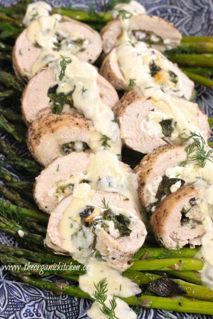 Spinach and Goat Stuffed Chicken Breast with Roasted Asparagus
