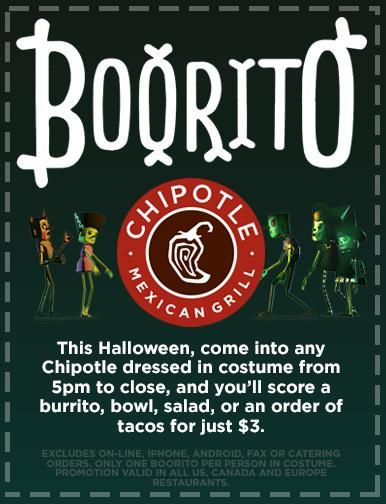 $3 Burritos At Chipotle On Halloween
 Chipotle Halloween $3 Burrito Bowl Taco or Salad $3 00