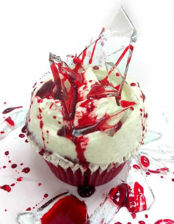 Bloody Halloween Cupcakes
 From a Whisper to a Scream Recipe "Bloody Glass Cupcakes
