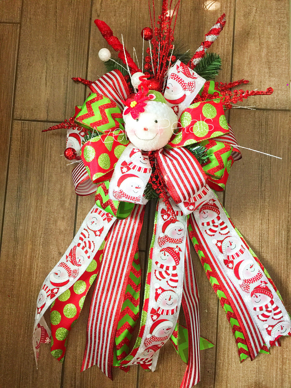 Candy Christmas Tree Topper
 Snowman Christmas Tree Topper Candy Cane and Lime Green Bow