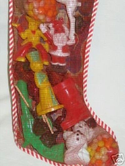 Candy Filled Christmas Stockings
 1950 s Mesh Stocking Filled with ROSEN TOYS & CANDY