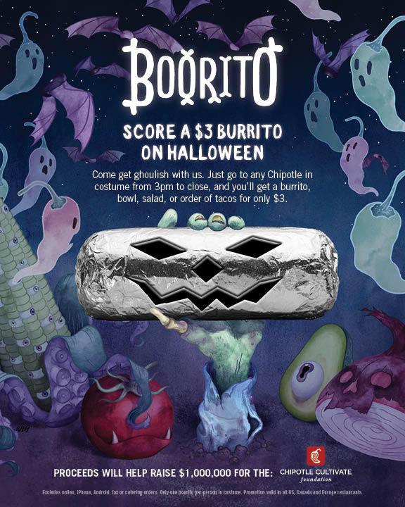 Chipotle 3 Dollar Burritos Halloween
 Halloween at Chipotle $3 Burritos Bowls or Tacos