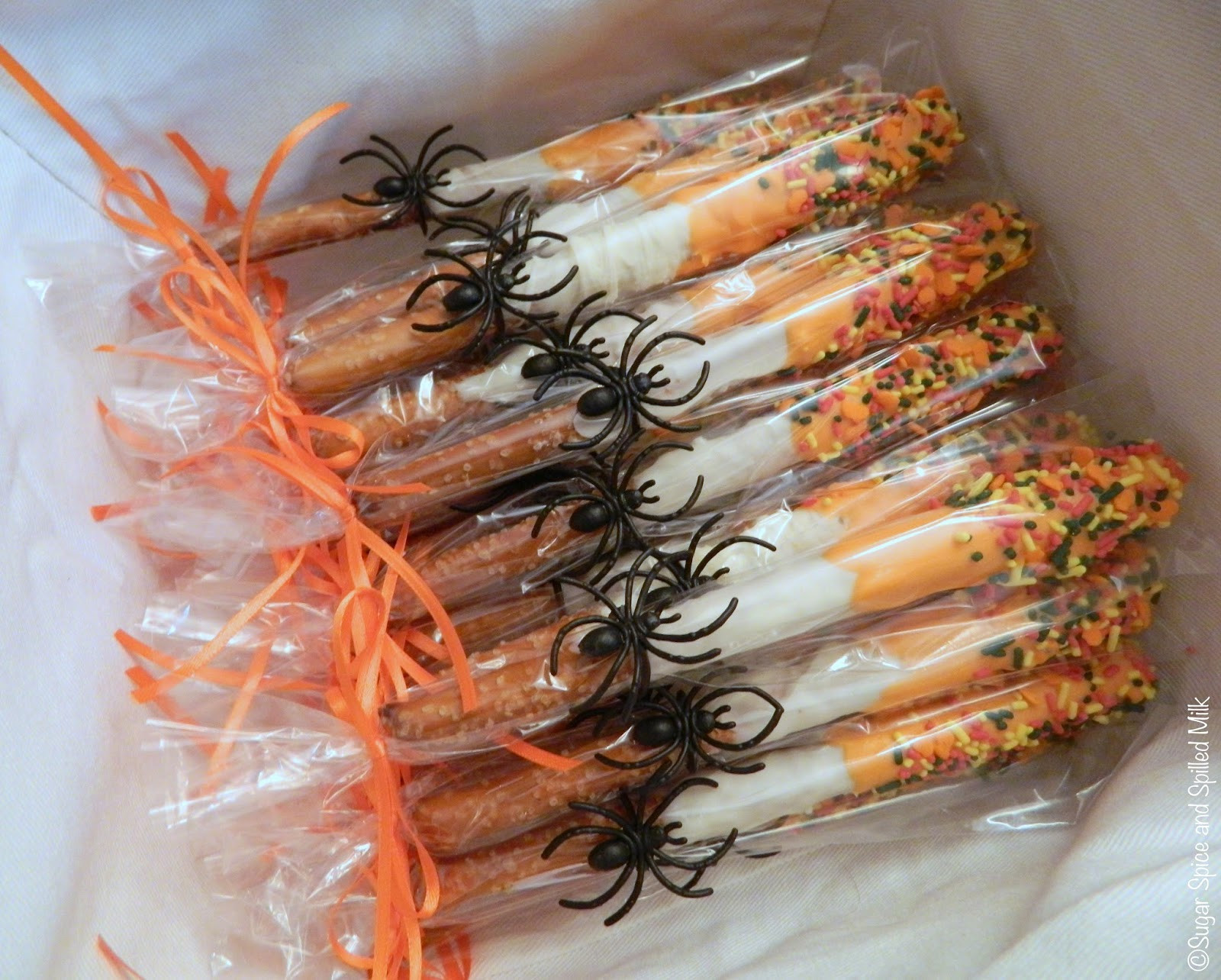 Chocolate Covered Pretzels Halloween
 Sugar Spice and Spilled Milk Dipped Pretzel Rods for