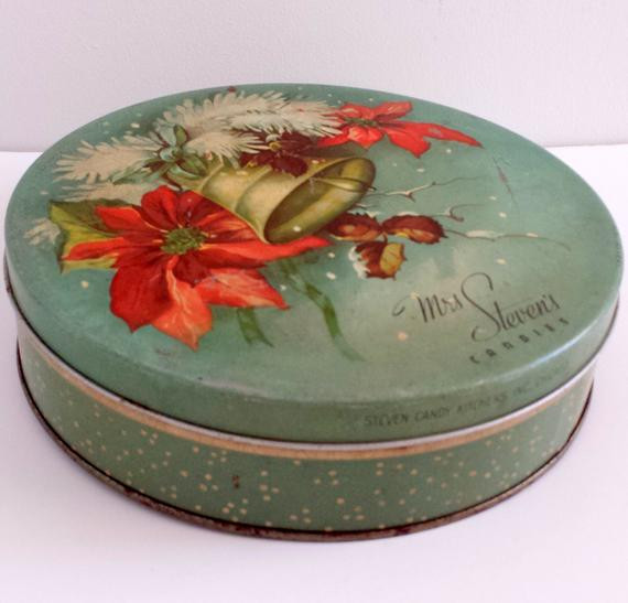 Christmas Candy Tins
 Vintage Green Holiday Christmas Candy Sewing Tin Mrs Stevens