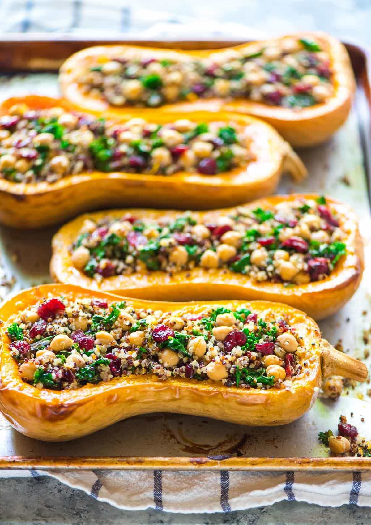Easy Fall Dinner Recipe
 Quinoa Stuffed Butternut Squash with Cranberries and Kale