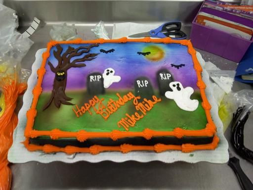 Halloween Birthday Sheet Cakes
 An airbrushed and hand piped Halloween scene on a half