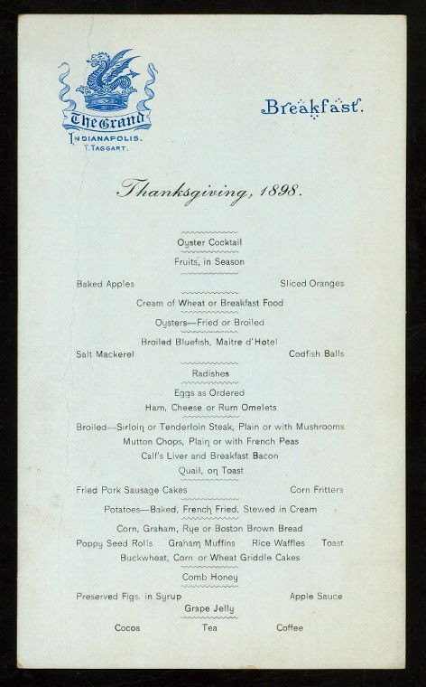 Thanksgiving Breakfast Menu
 WINTERBERRY — Thanksgiving Breakfast Menu Indianapolis 1898