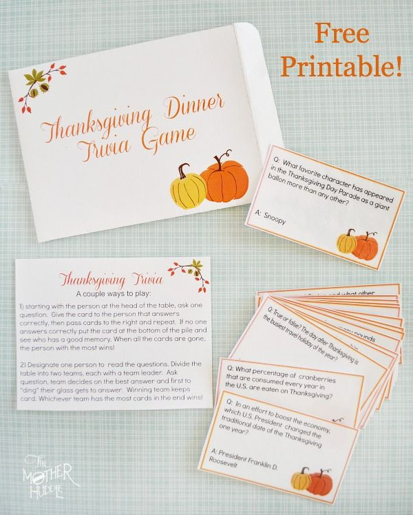 Thanksgiving Dinner Games
 Free Printable Thanksgiving Trivia fun dinner game to