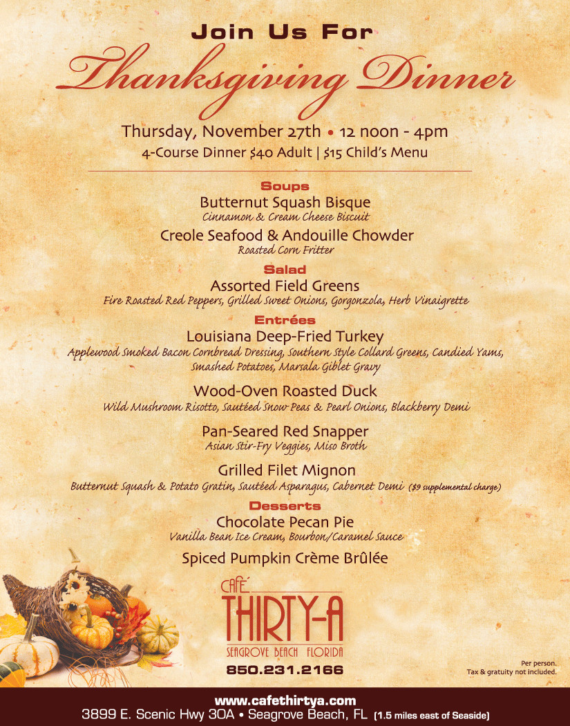 Thanksgiving Dinner Menu
 Open for Thanksgiving lunch or dinner