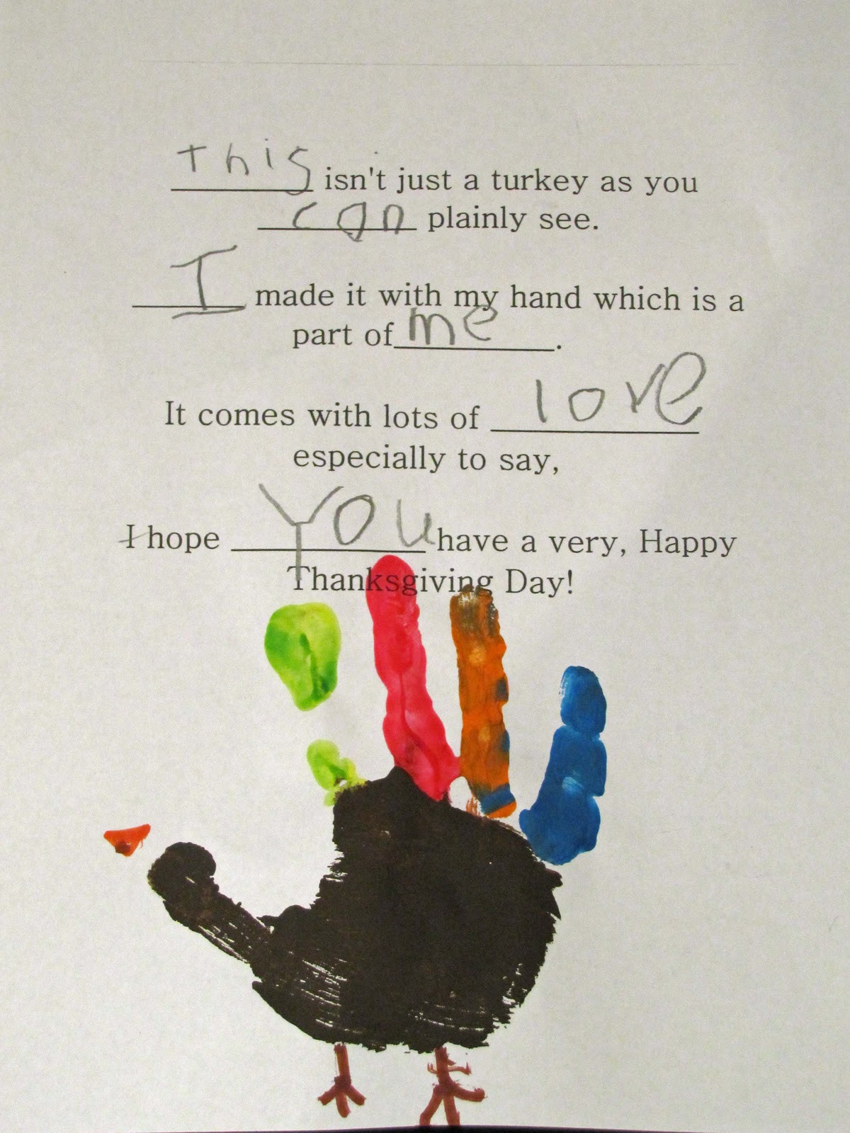 Thanksgiving Turkey Poem
 Turkey Handprint Keepsake & Poem