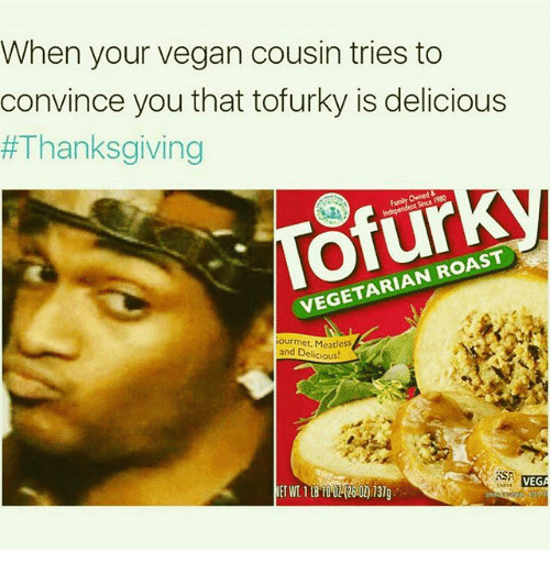 Vegan Thanksgiving Meme
 When Your Vegan Cousin Tries to Convince You That Tofurky