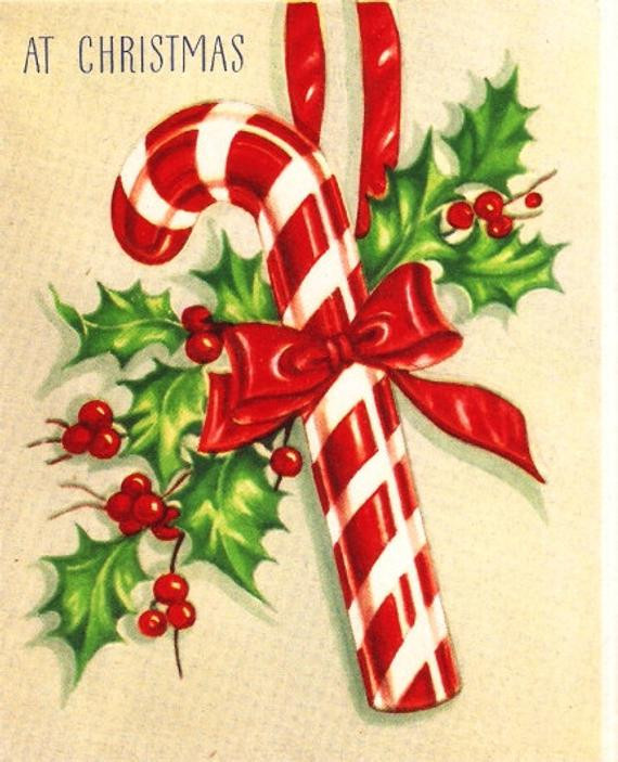 Vintage Christmas Candy
 Vintage Christmas Card Candy Cane by PaperPrizes on Etsy